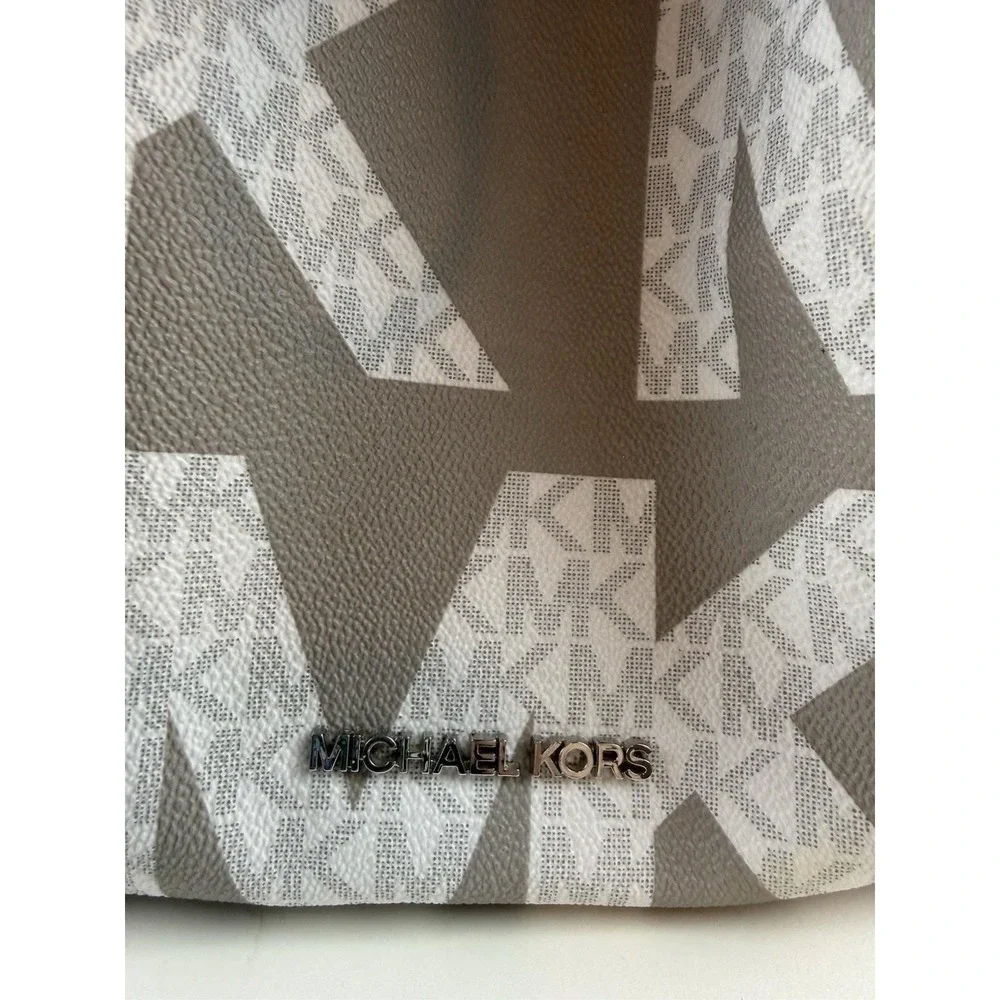 Michael Kors Suri Gray White Monogram Logo Print Convertible Bucket Backpack Bag